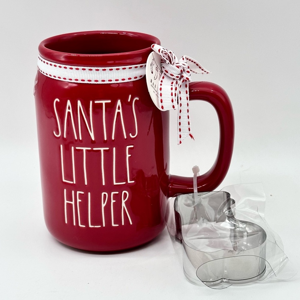 Rae Dunn SANTA’S LITTLE HELPER Red Ceramic Mug with Stocking Cookie Cutter